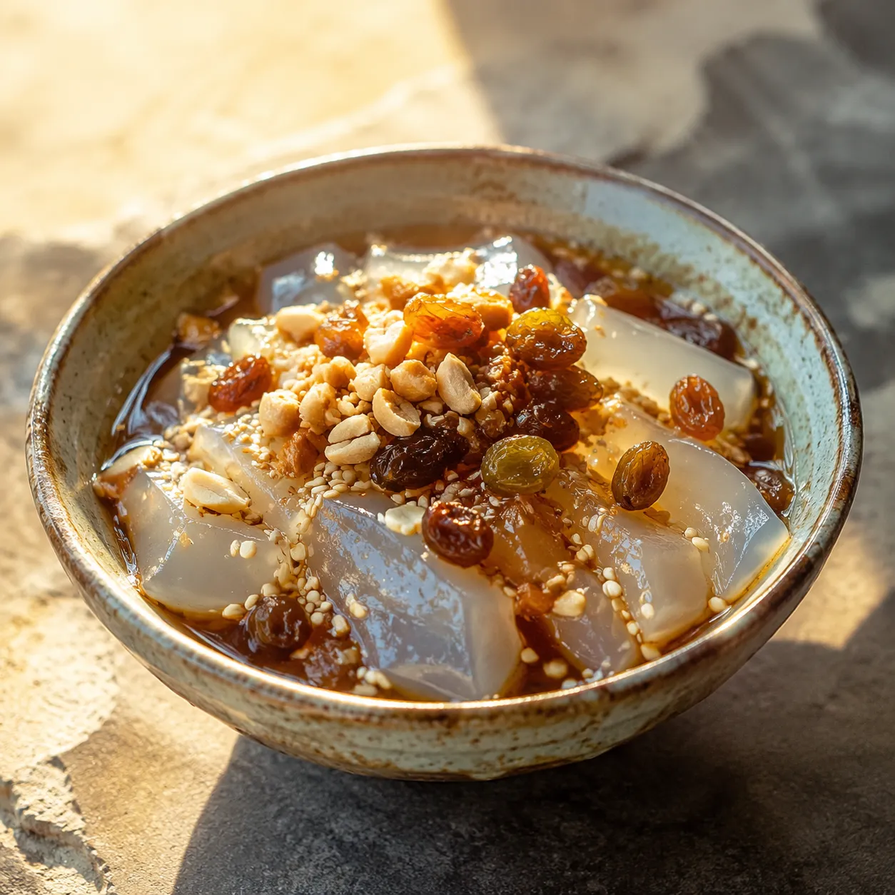 Bingfen — Jelly-like ice noodles floating in brown sugar syrup with cr