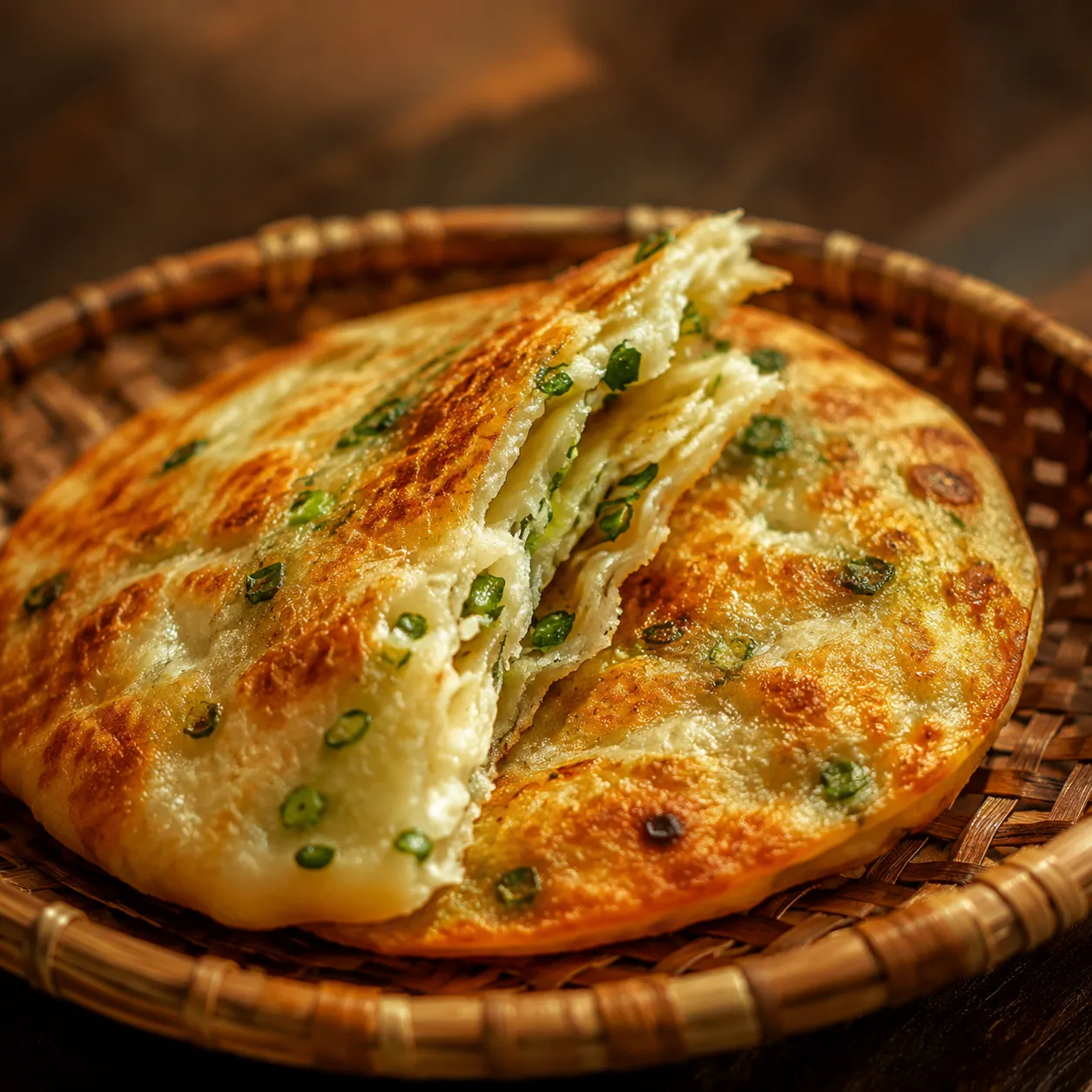 Scallion Pancake — Crispy, flaky flatbread with layers of scallions and rendere