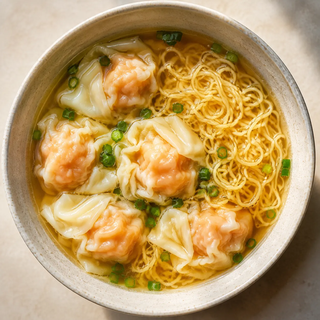 Wonton Noodles — Springy thin egg noodles in clear, deeply savory broth with 