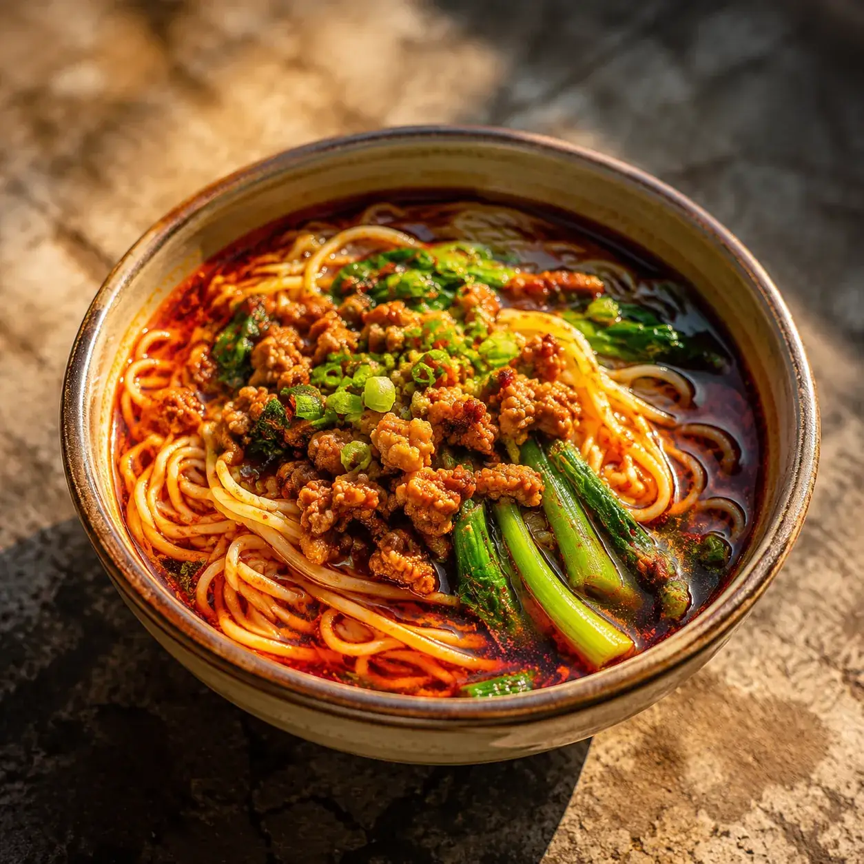 Chongqing Noodles — Thin wheat noodles in a complex spicy broth layered with chi