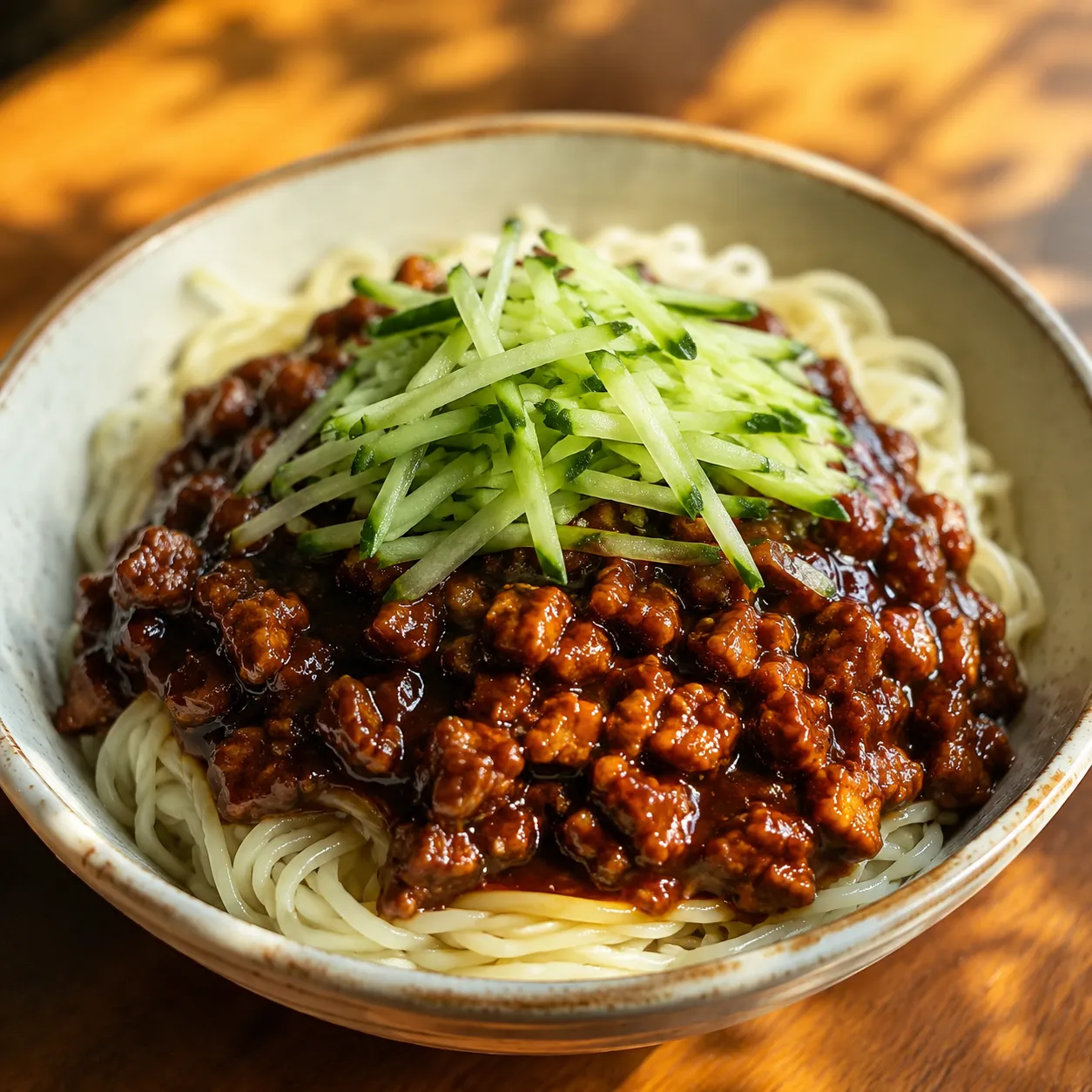 Zhajiang Mian — Thick wheat noodles topped with a dark, savory fermented soy